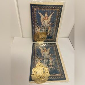 90s Vintage 2 victorian style Angel CARD Gold shiny Guardian Angel Ornament LOT
